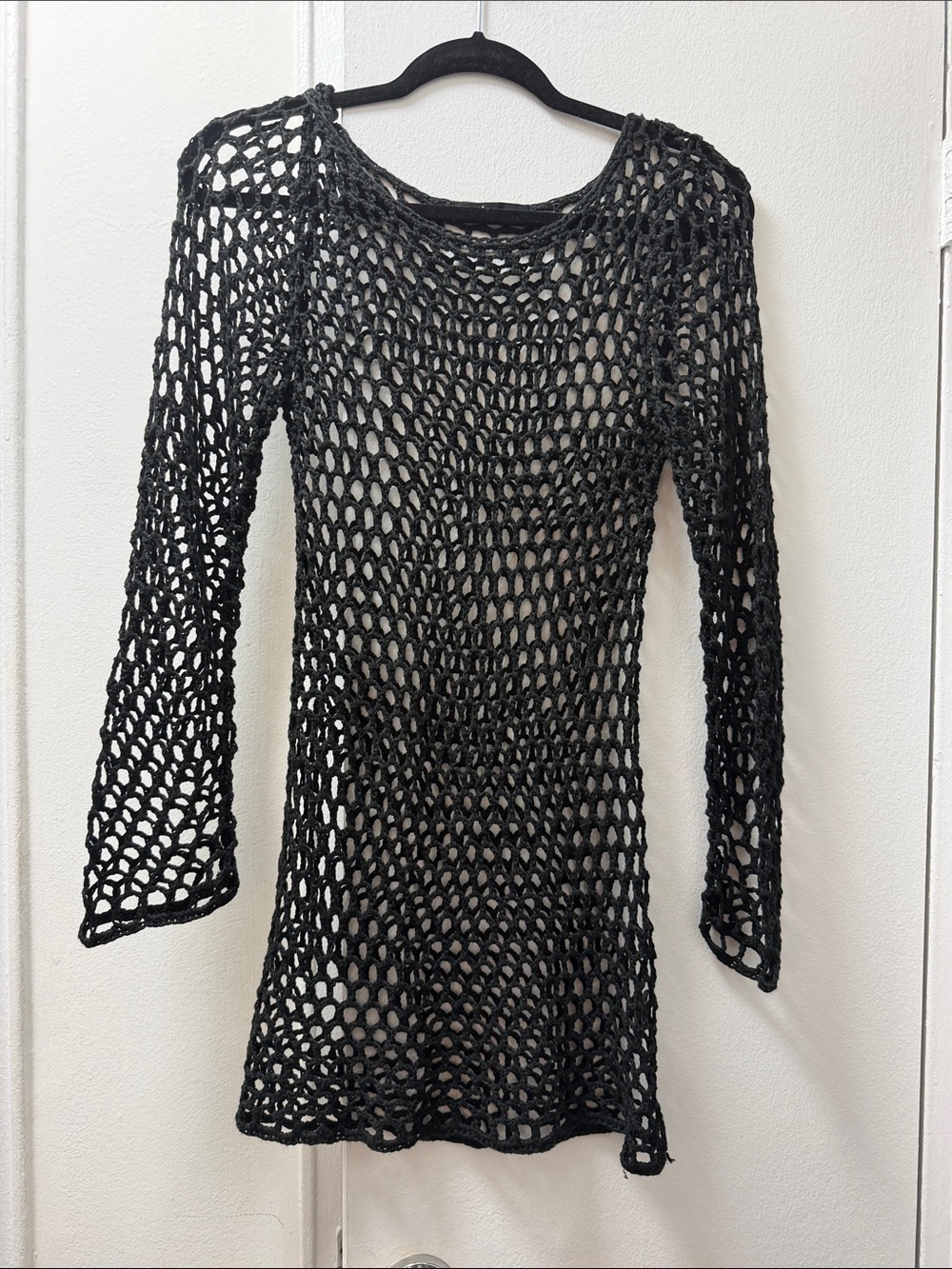 Olivaceous Black Crochet Long-Sleeve Swim Cover-Up